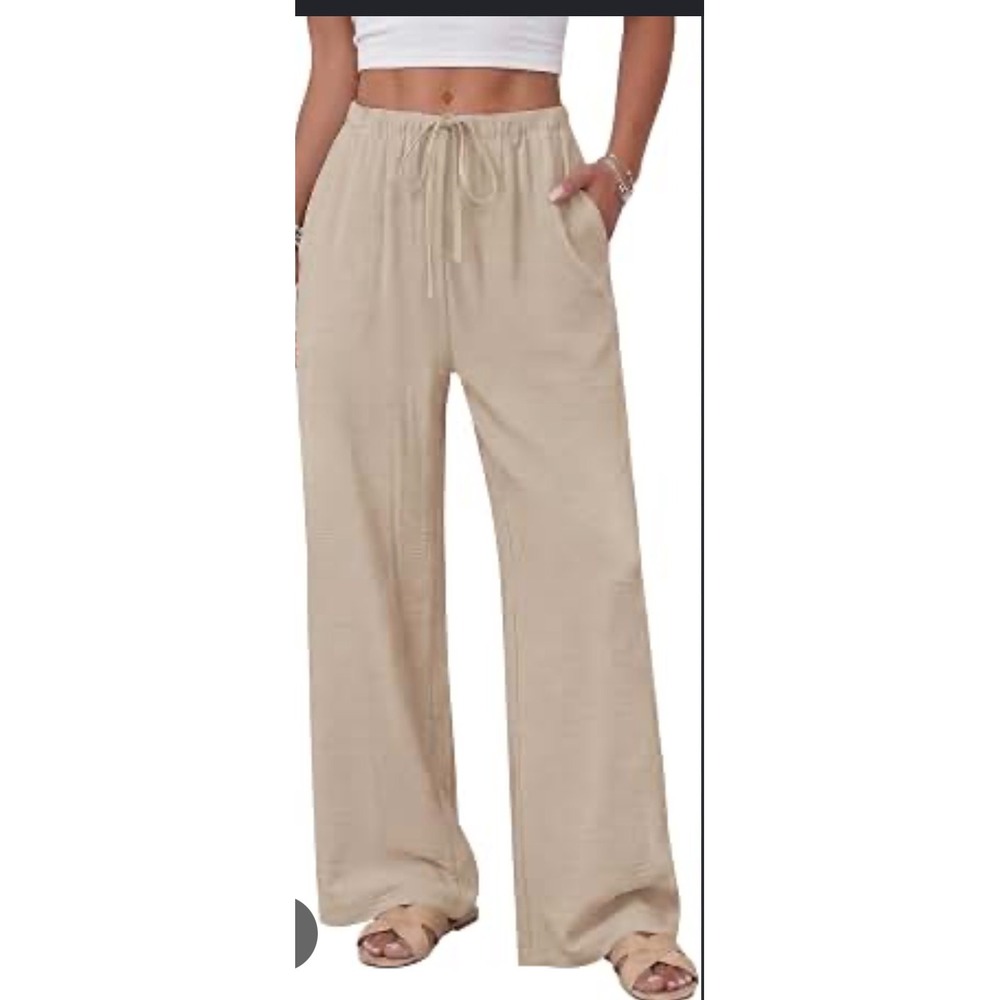 Briggs Womens Linen Blend Wide Leg Drawstring Pants Khaki Tan Size M New